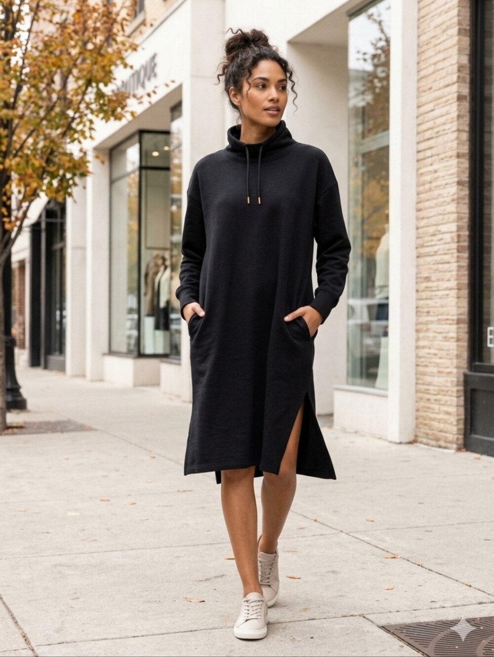 Versatile Cozy Black Midi Sweatshirt Hoodie Dress Cotton Blend Fall Layering XL